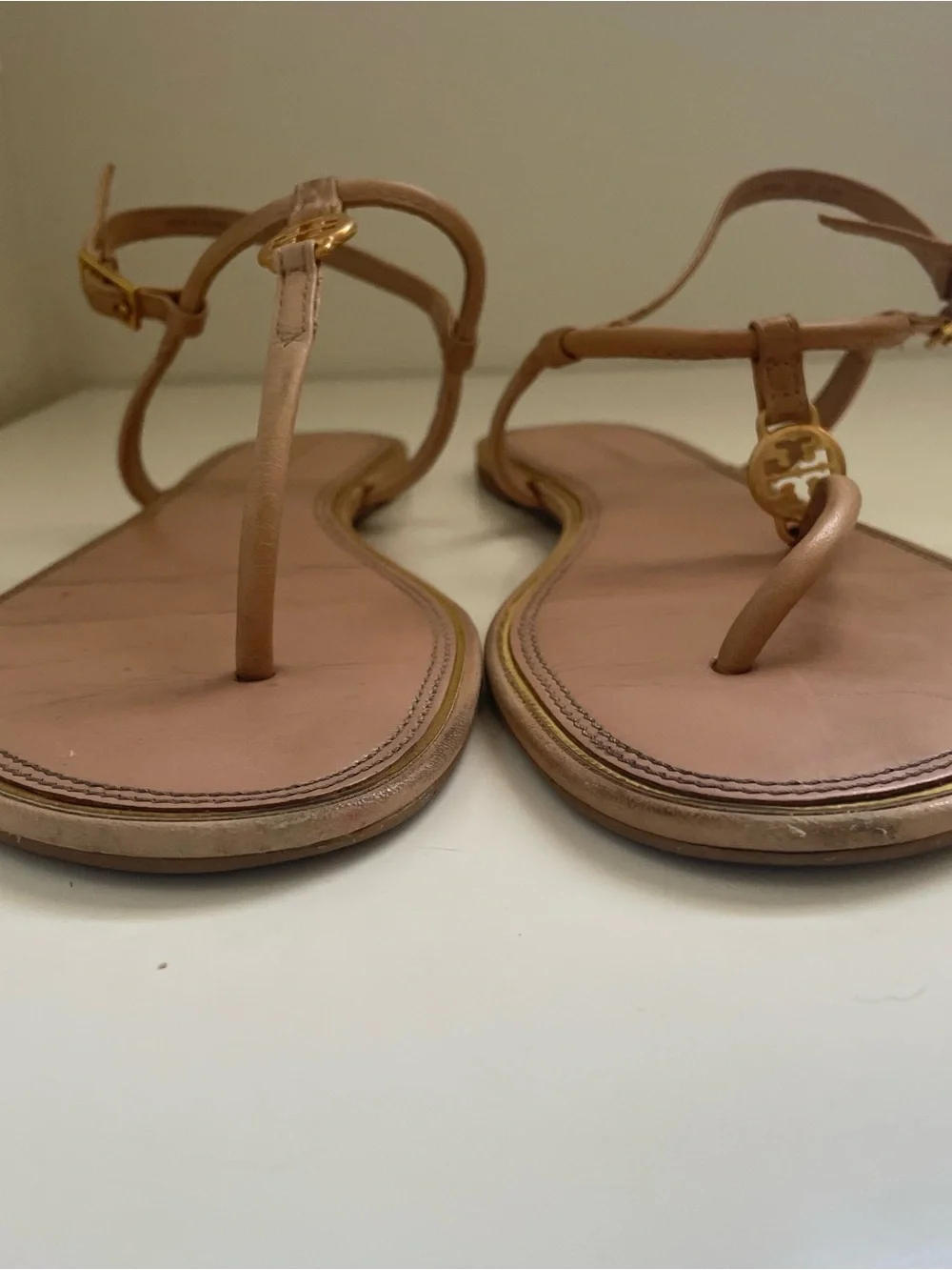 Tory Burch Tan Emmy Flat Leather Logo T-Strap Sandals with Gold Medallions